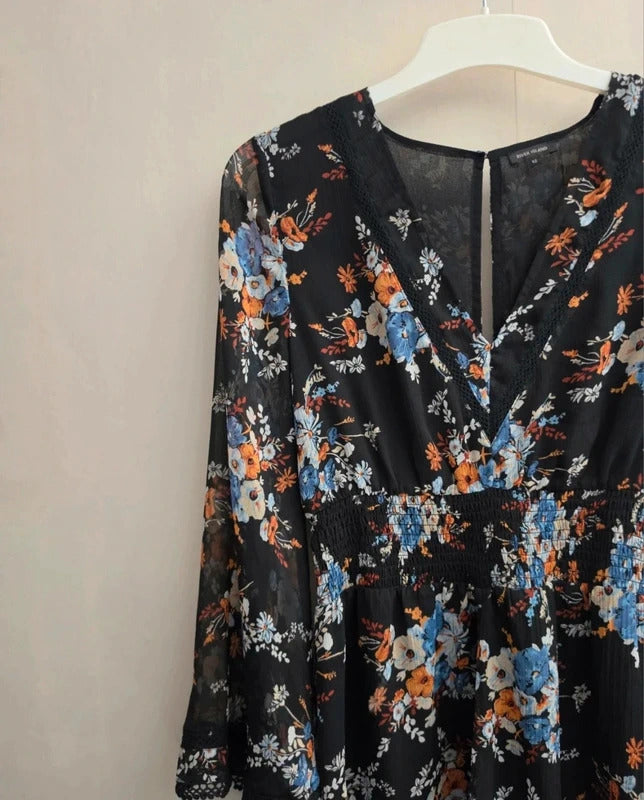 River Island Black Floral Sheer Bell Sleeve Playsuit Size 12