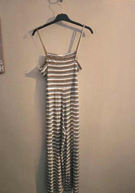 Topshop Beige & White Striped Sleeveless Belted Flared Crop Jumpsuit Size 12