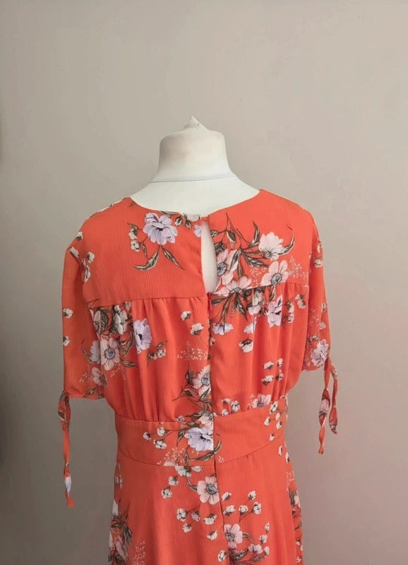 New Look Orange Floral V-Neck Corset Front Midi Dress - Size 16
