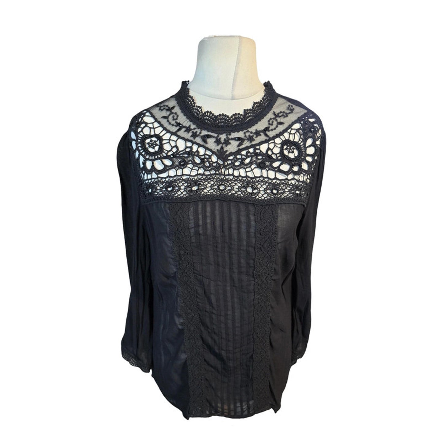 Monsoon Blouse Black Size 12 Lace 3/4 Sleeves New Work Formal