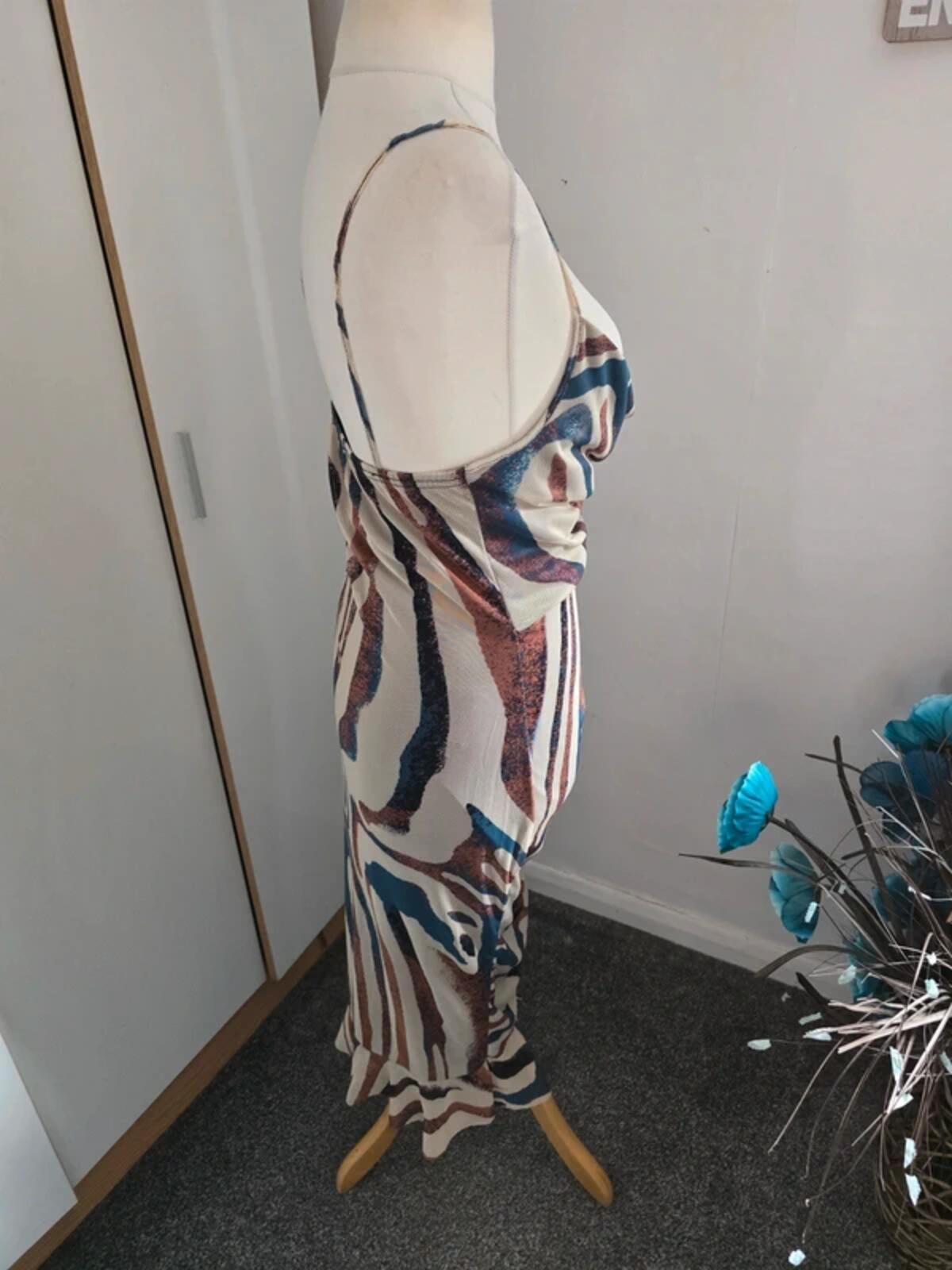 PrettyLittleThing Cream, Brown & Blue Patterned Midi Dress Size 12