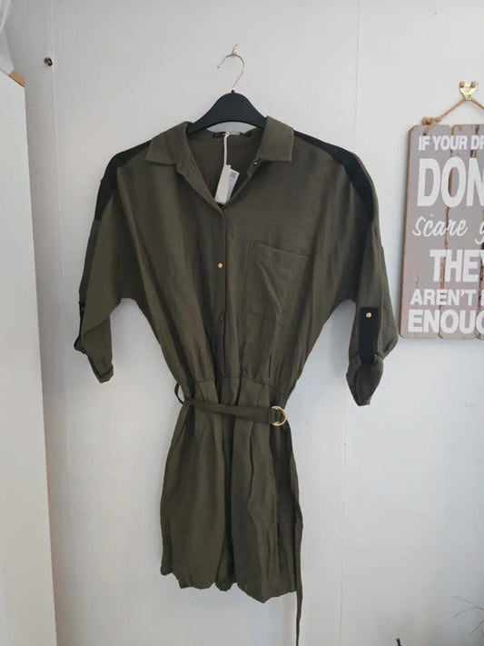 Zara Khaki Green Shirtdress Black Trim Detail  Size 10-12 Med