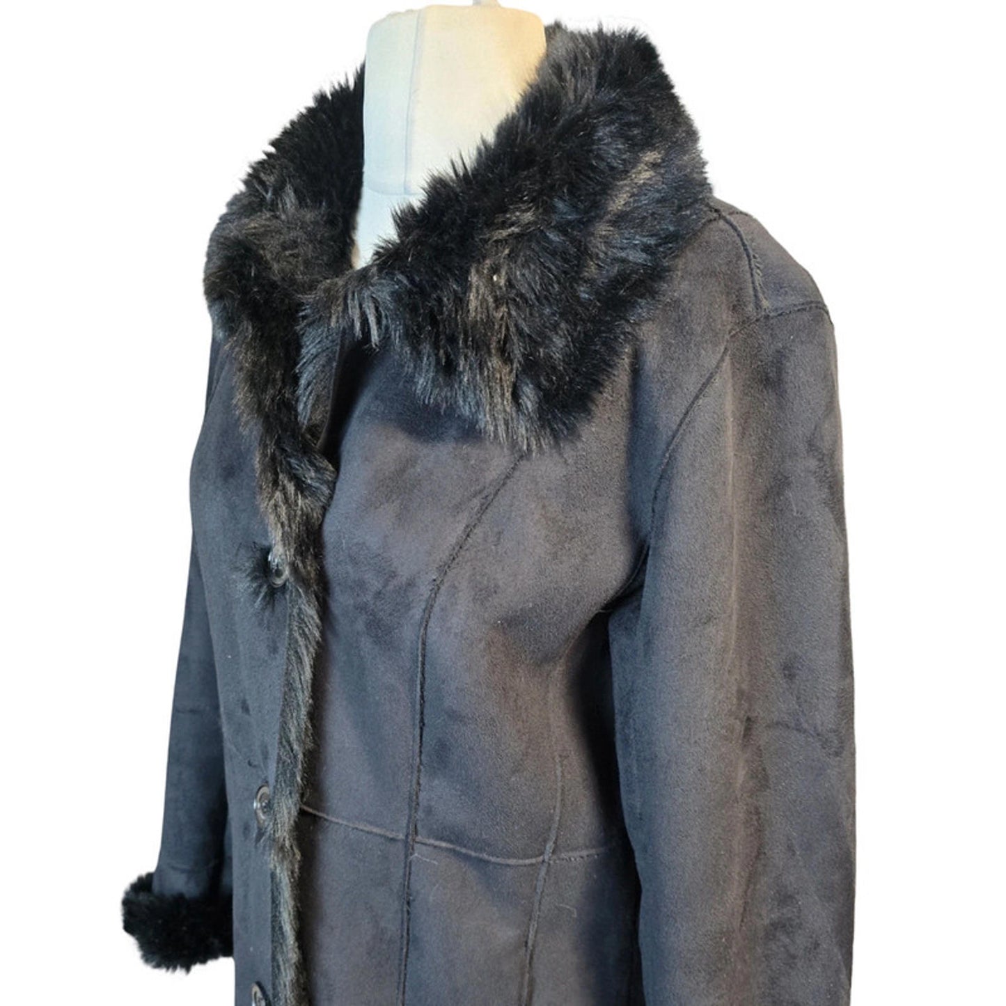 Dennis by Dennis Basso Long Winter Coat Black Size M Faux Fur Trim NEW