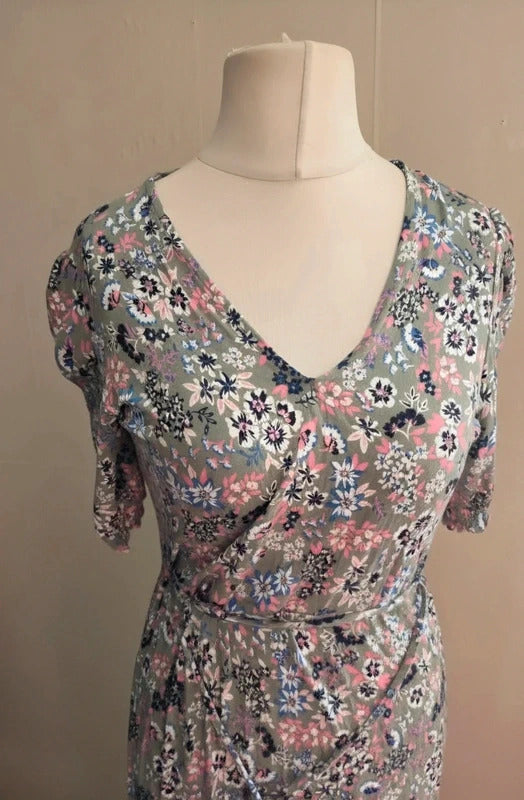 Marks & Spencer Sage Green & Pink Floral Puff Sleeve Midi Dress Size 10