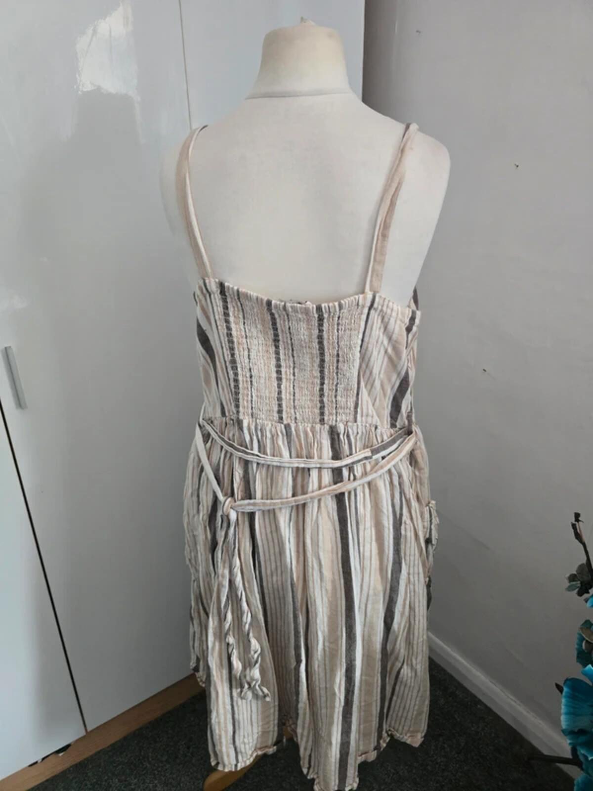 TU Beige White Brown Striped Linen Blend Belted Midi Dress Size 18