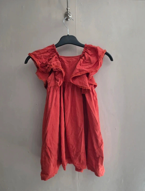H&M Girls Burnt Orange Frill Detail Cotton Dress Age 4-6 Years