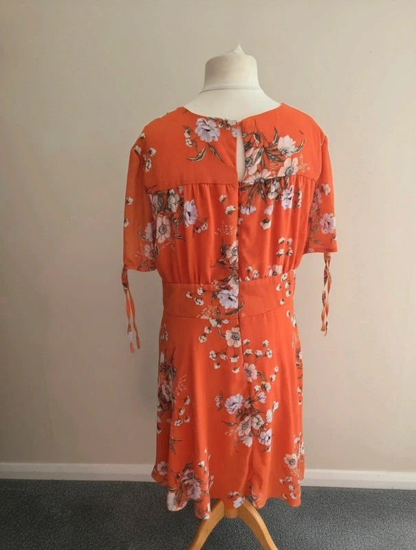 New Look Orange Floral V-Neck Corset Front Midi Dress - Size 16