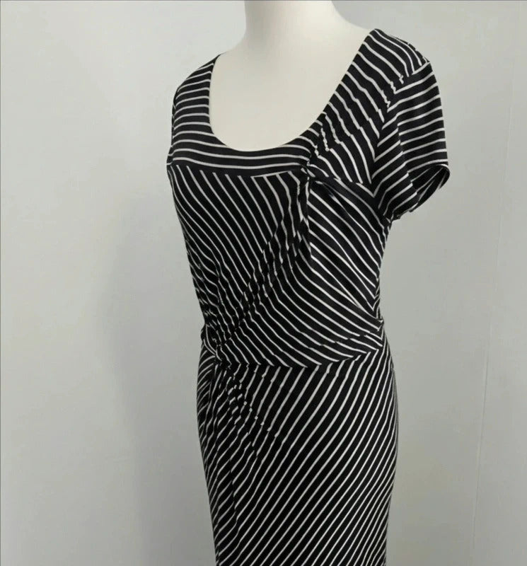 Laura Ashley Women's Black & Beige Striped Ruched Knot Front Midi Dress Size 14