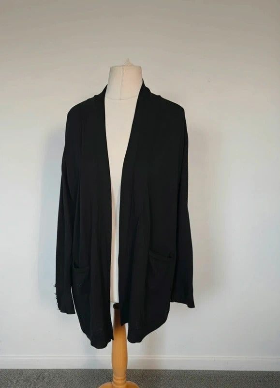 Primark Black Longline Open Front Cardigan with Pockets Size 14-16