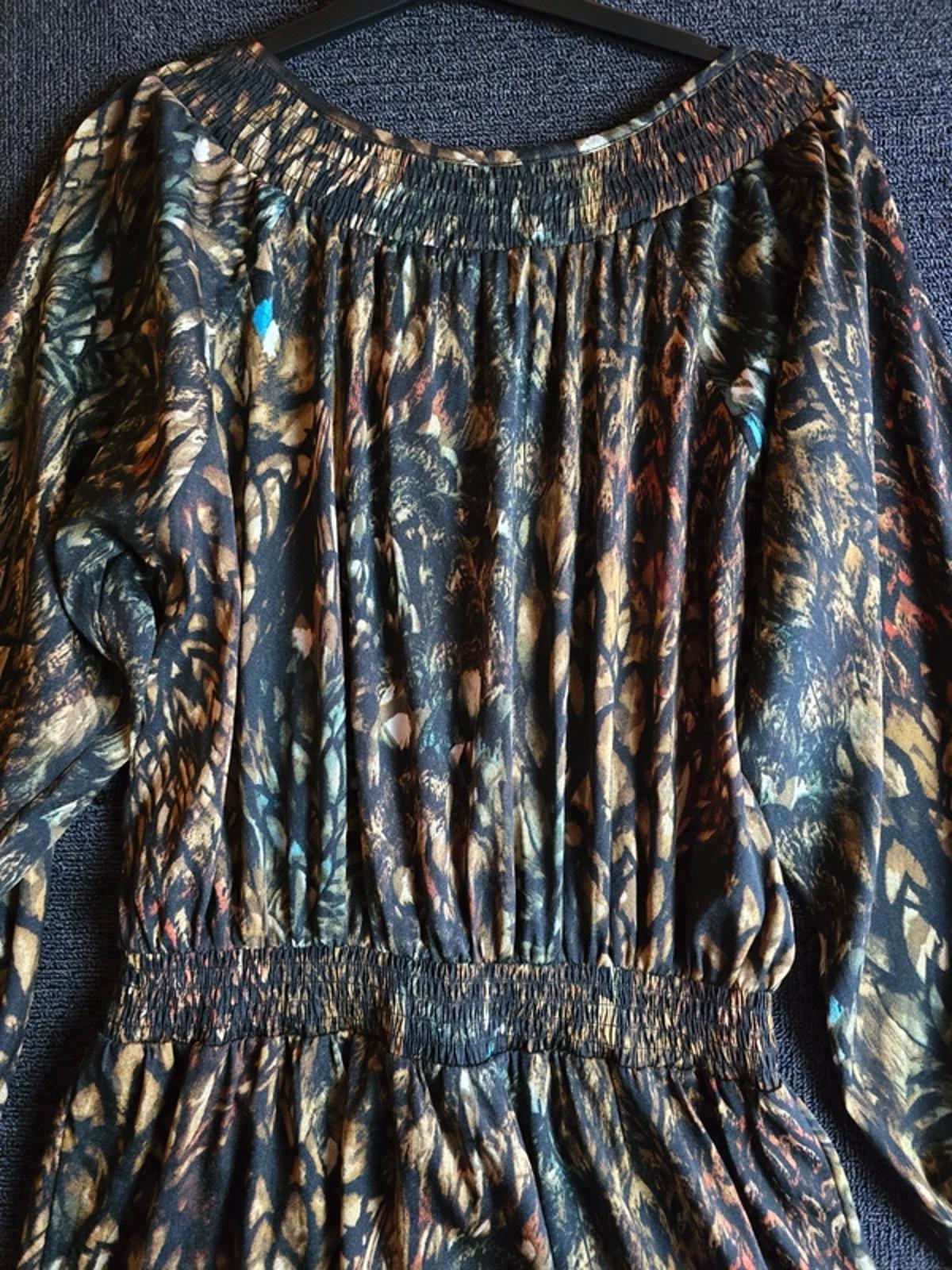 Laura Ashley Black Brown Blue Patterned Dress UK Size 14 Elasticated Waist