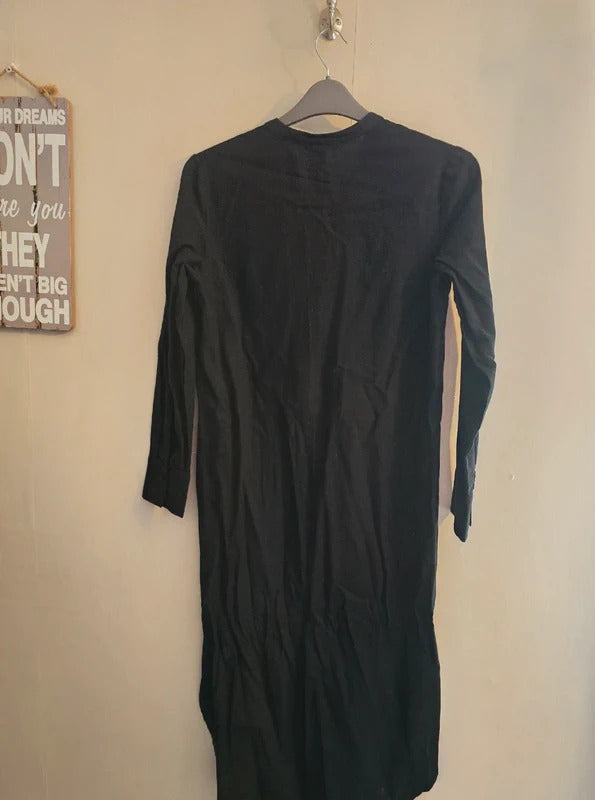 Primark Black Collarless Button Down Long Sleeve Midi Shirt Dress Size 6 NWT