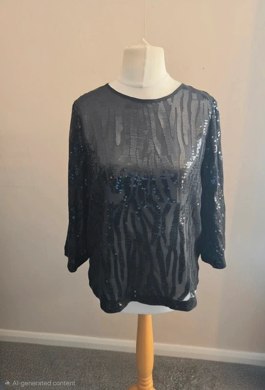 Peacocks Black Sequin Sheer Relaxed Top Size 12 Party Halloween Xmas