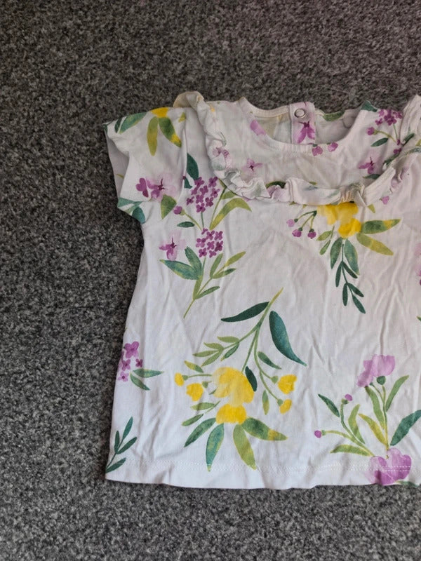 Tu Baby Girls White Floral Frill Collar Short Sleeve Cotton Top 9-12 Months