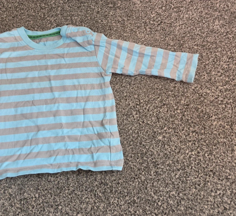M&S Baby Light Blue & Beige Striped Long Sleeve Cotton Top 6-9 Months