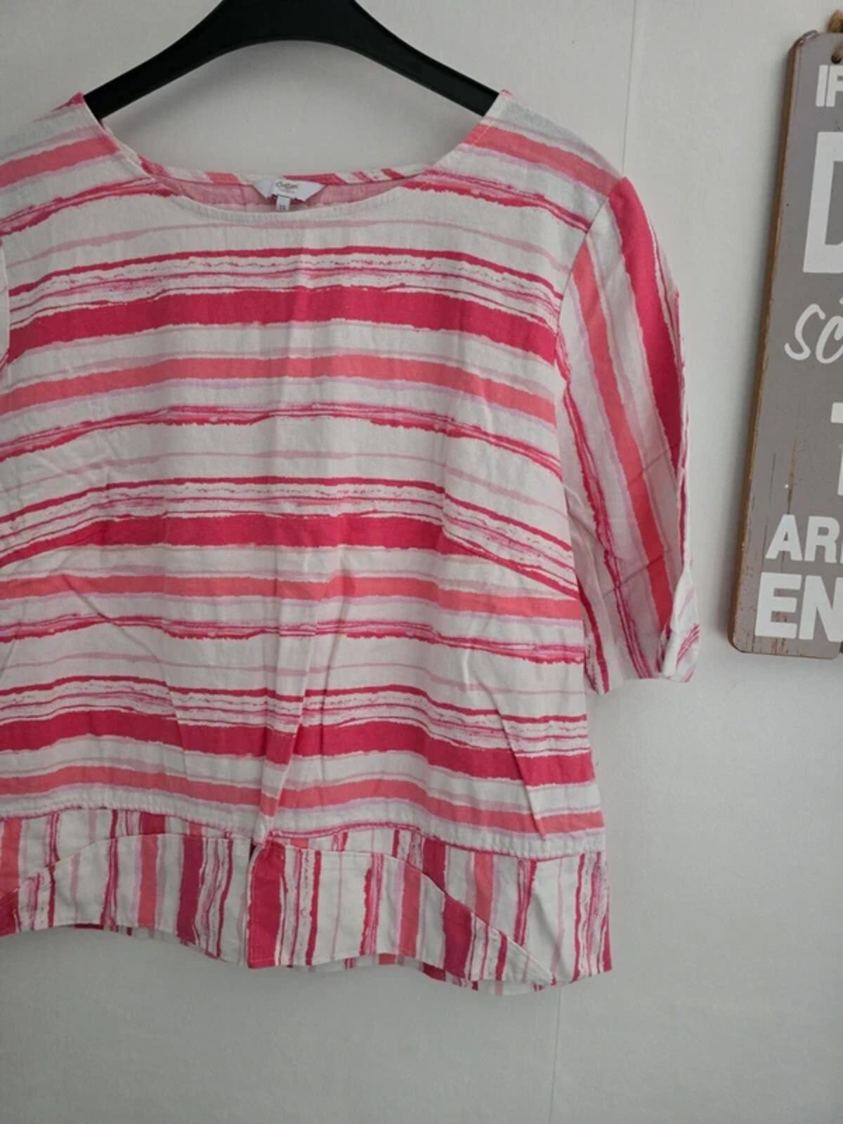 Cotton Traders Pink & White Striped Short Sleeved Top - Size 14