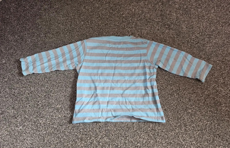 M&S Baby Light Blue & Beige Striped Long Sleeve Cotton Top 6-9 Months