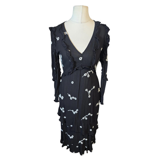 River Island Black & White Floral Frill Midi Dress – Size 8