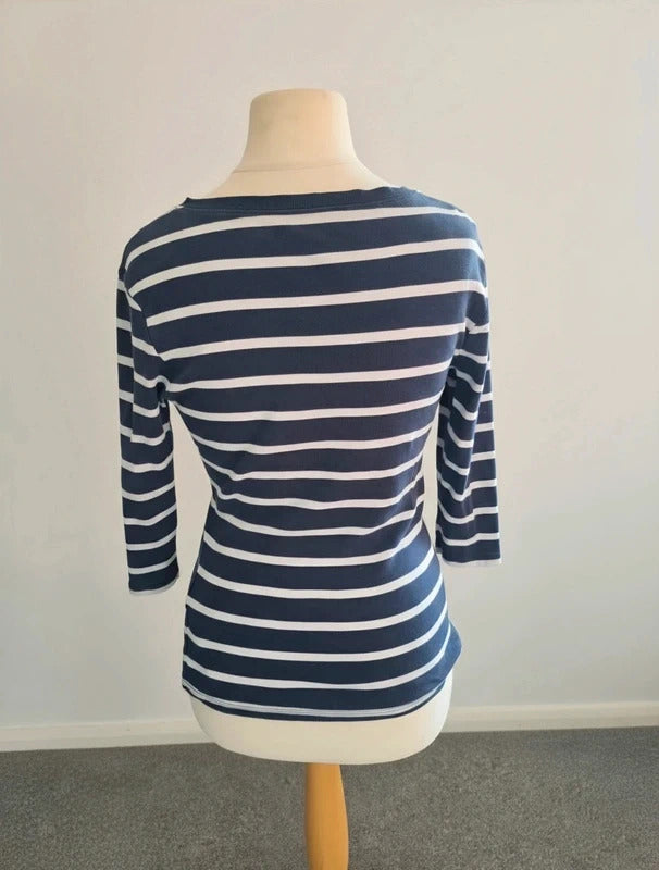 Matalan Navy & White Striped Fitted T-Shirt Size 10 3/4 Sleeve Cotton Top