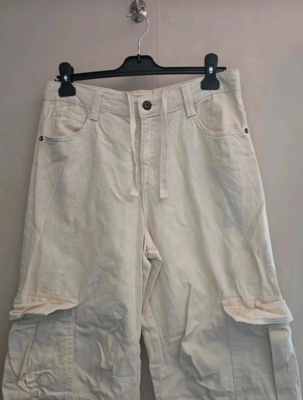 Bershka Cream High Waisted Cargo Flared Cotton Jeans Size EU 38 Size 10