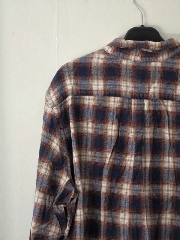 Mens Marks & Spencer Brown Navy Checked Long Sleeve Shirt XL Regular