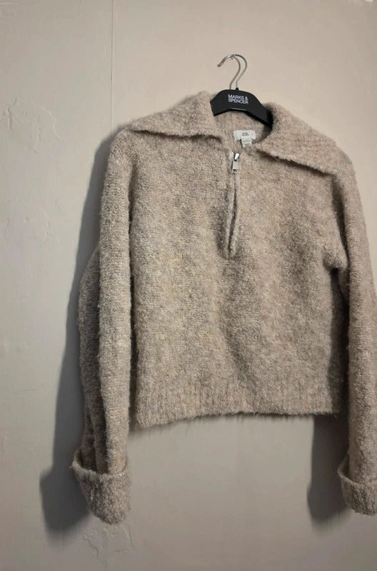 River Island Girls Cream Bouclé Knit Quarter Zip Jumper Age 11–12 Years