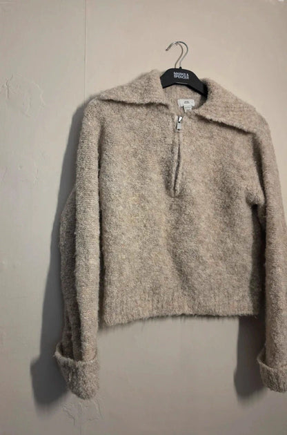 River Island Girls Cream Bouclé Knit Quarter Zip Jumper Age 11–12 Years