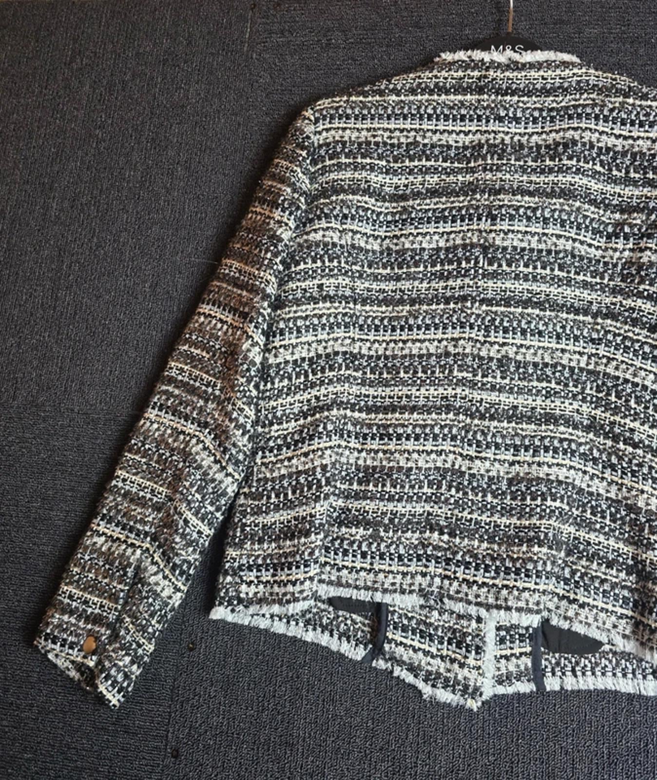 Next Tailoring Tweed Blazer Size 10 Black White Silver Frayed Trim Zip Front