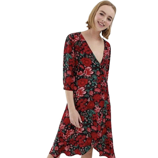 Monki Red Floral Wrap Style Dress – 3/4 Sleeve, Knee to Midi Length – UK size 10