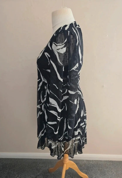 ASOS Monochrome Flare Dress with Sheer Sleeves  Size 12