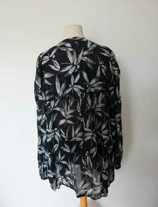 Next Black & White Leaf Print Sheer Long Sleeve Blouse Size 26 Relaxed Fit