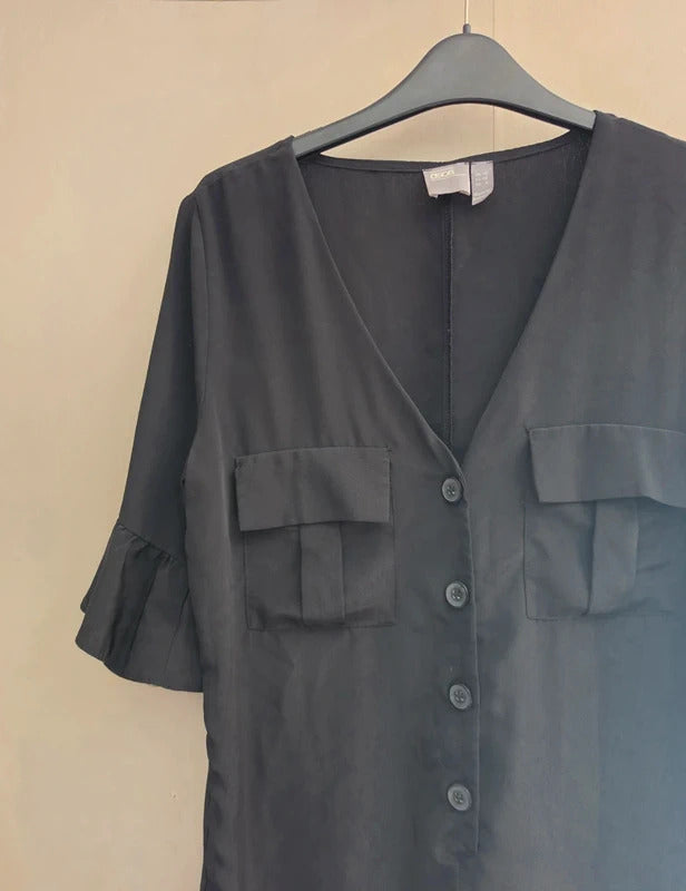 ASOS Black Frilly Sleeve & Hem Button-Front Playsuit Size 10