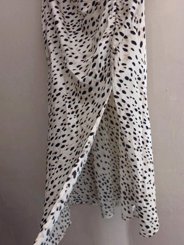 Cider Cream & Black Animal Print Ruched Front Slit Midi Dress  XS Size 6 NWT