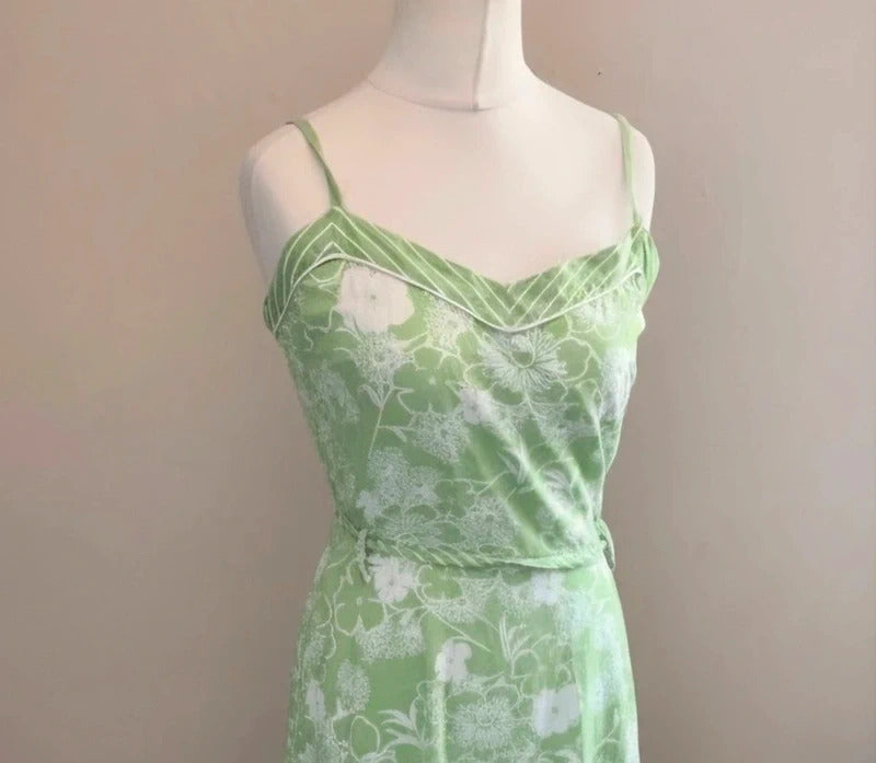 New Look Y2K Green & White Floral Cotton Belted Flared Dress Size 14