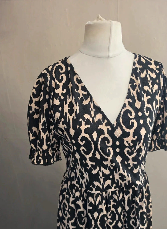 F&F Brown & Black Patterned V-Neck Fit & Flare Midi Dress Size 12-14