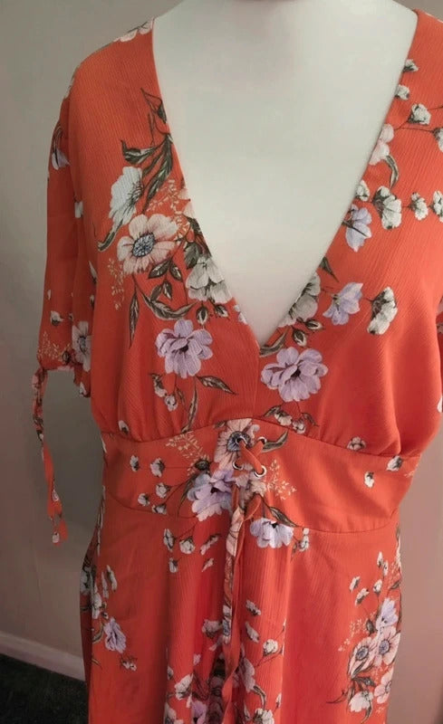 New Look Orange Floral V-Neck Corset Front Midi Dress - Size 16