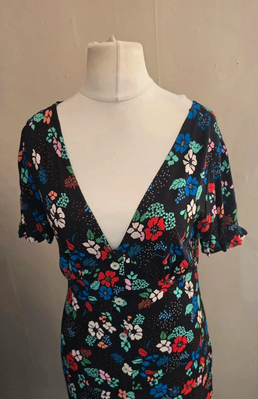 Next Black Multicoloured Floral Button Up Frill Hem Midi Dress Size 12