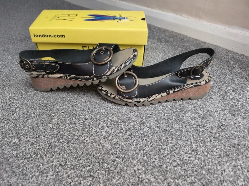 Fly London Black Grey Patterned Leather Slingback Wedge Sandals Boxed EU41 UK 7
