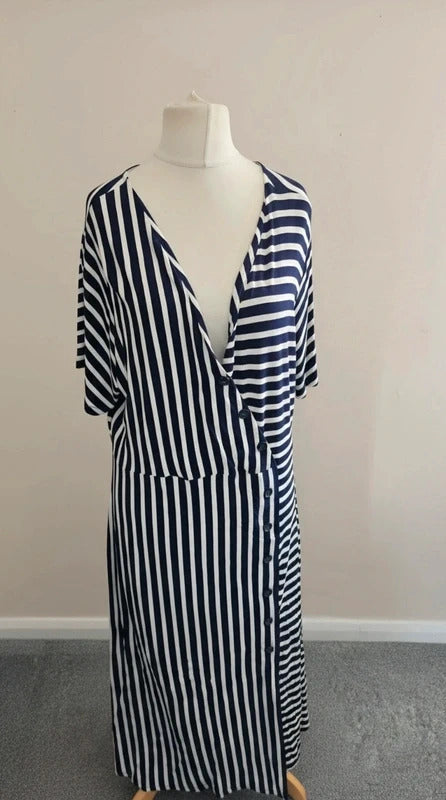 Oasis Navy & White Striped V-Neck Button Front Midi-Maxi Dress XL Size 16-18