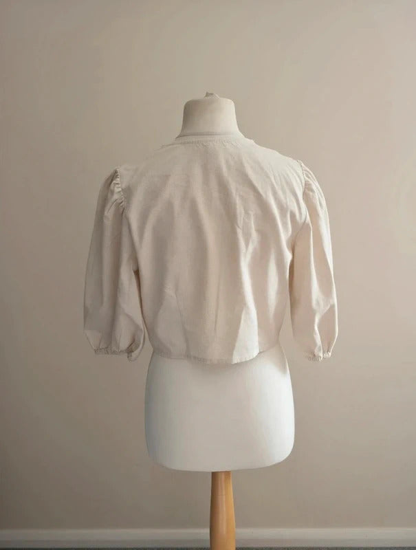 Pretty Lavish Cream Linen Cotton Tie Front Puff Sleeve Kimono Jacket Size 10