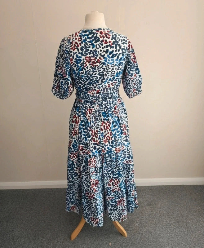 Next Multicoloured Animal Print Midi Wrap Dress with Puff Sleeves Size 12