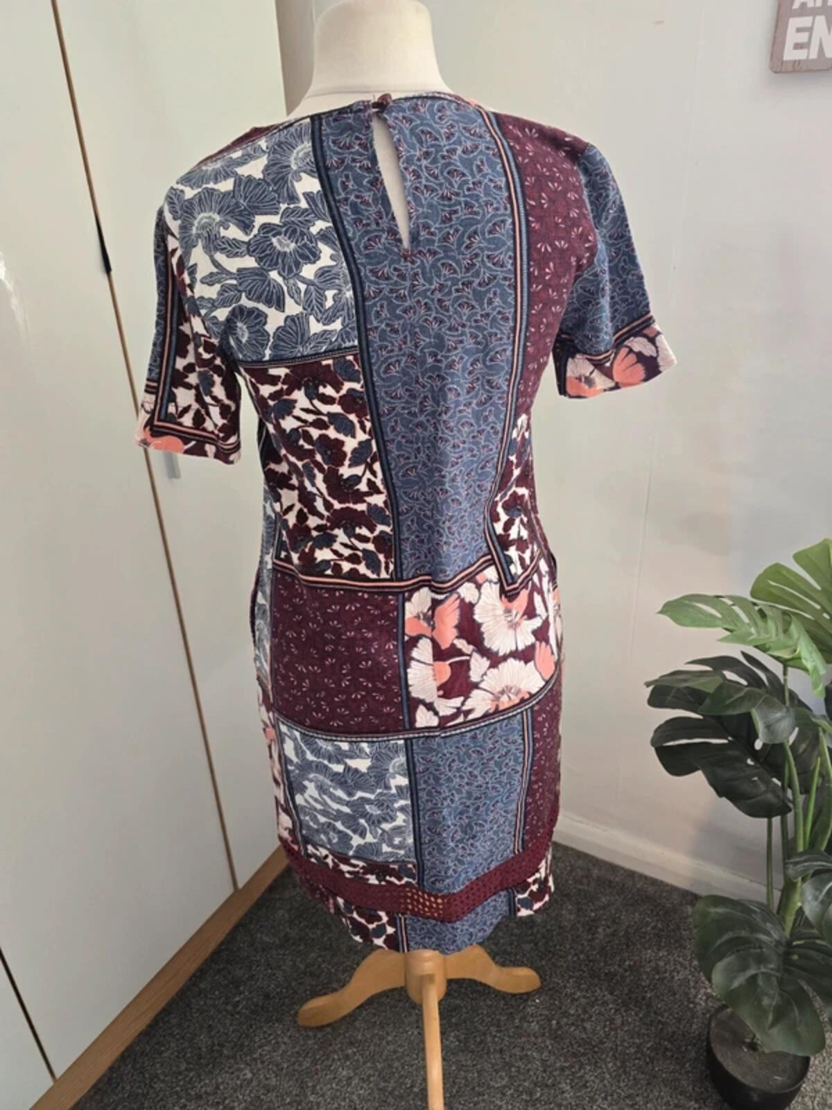 Next Burgundy & Blue Floral Patchwork Midi Dress  Size 6