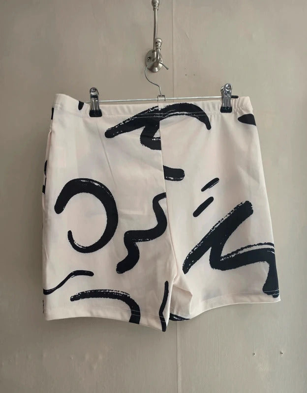 Unbranded Cream & Black Patterned High Waisted Stretchy Mini Shorts M Size 12-14