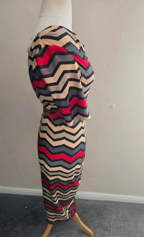 Louche Grey Red and Beige Zigzag Bodycon Maxi Dress Size 10