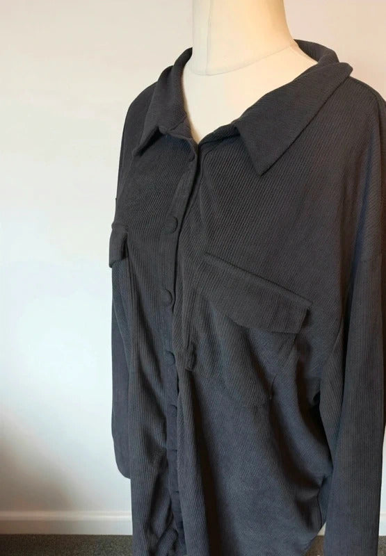 The Chic Hero Grey Cord Oversized Long Sleeve Shirt Size 20-24