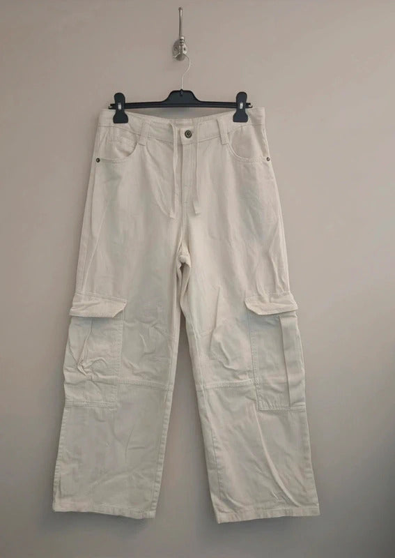 Bershka Cream High Waisted Cargo Flared Cotton Jeans Size EU 38 Size 10