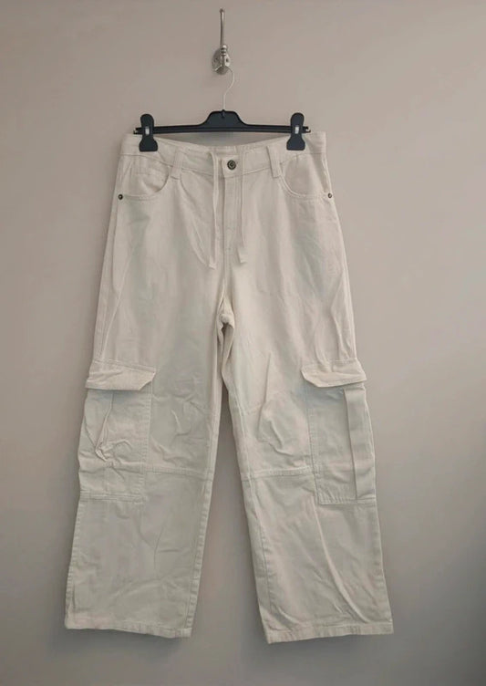 Bershka Cream High Waisted Cargo Flared Cotton Jeans Size EU 38 Size 10