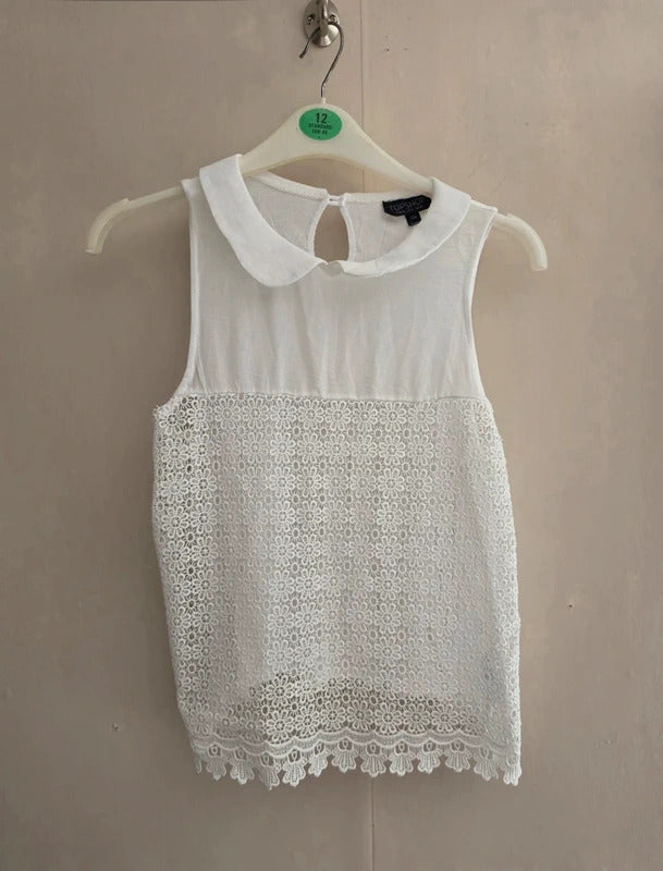 Topshop White Peter Pan Collar Crochet Lace Sleeveless Top Size 8