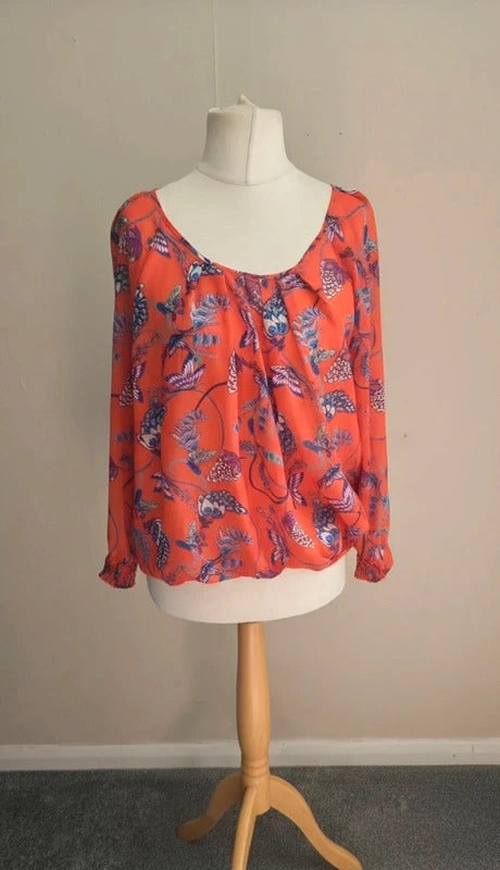 Wallis Petite Orange & Multicolour Butterfly Floral Sheer Blouse Med Size 12–14
