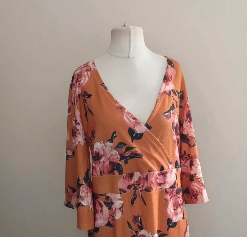 Shein Burnt Orange Floral V-Neck Bodycon Flared Sleeve Long Dress 3XL Size 24