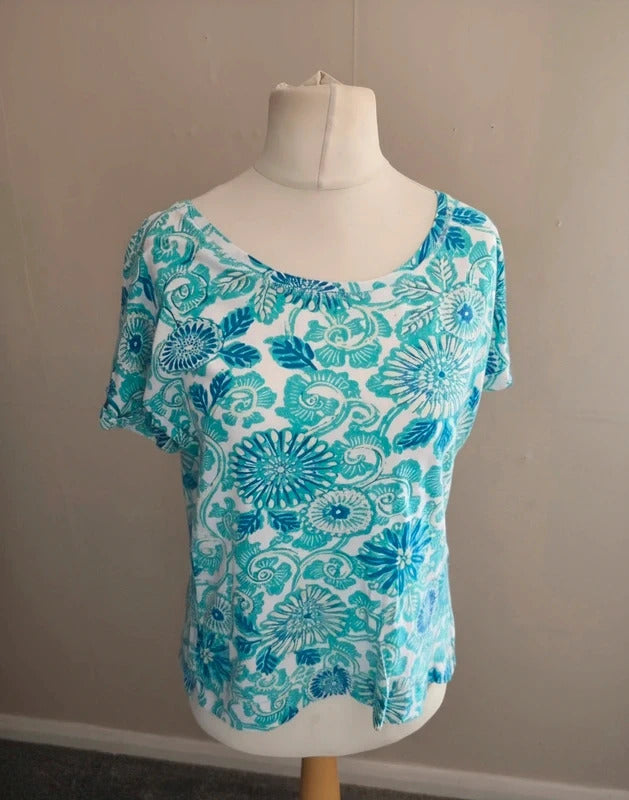 Marks & Spencer Green & White Patterned Cotton T-Shirt Size 14